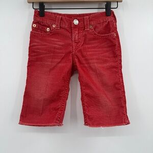 True Religion Pants Youth Boys 7 Red Corduroy Geno Cut Off Logo 8.5" Inseam